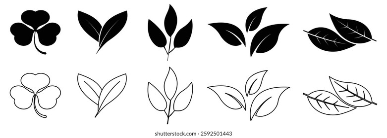 Set of diverse leaves icon collection. Leaf silhouettes, nature elements, eco friendly brand aesthetics symbol. Vector Illustration.