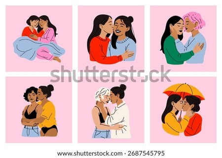 Set of Diverse Lesbian Couples in Romantic Moments