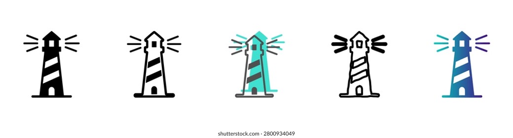 A set of diverse lighthouse symbols representing maritime guidance, coastal landmarks, and safety signals in different artistic renderings
