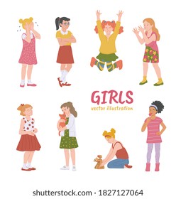 Set of diverse little girls cartoon characters demonstrating various emotions and expressions, flat vector illustration isolated on white background. Children behavior.