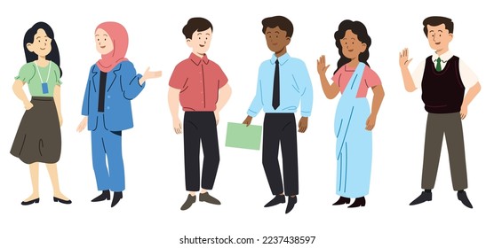 Set of diverse malaysian office worker wearing formal clothes, meeting and team building animated with separated joints