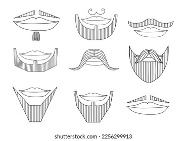 Set of diverse male beards, mustaches, sideburns. Collection of symbolic designs. Vector hand drawn illustration