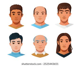 Set of diverse male character portraits in flat cartoon style, isolated. Avatar illustrations of various ages and appearances.