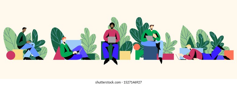 Set of diverse male characters with laptops surrounded by plants and geometric figures. Freelancers, remote workers or home office. Business character set for apps or landing pages.