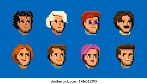 Set of diverse male and female avatars, simple flat cartoon in style pixel art. Cute and minimalistic people faces, icons