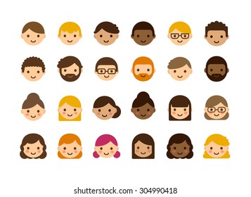 Set of diverse male and female avatars isolated on white background. Different skin color and hair styles. Cute and simple flat vector style.