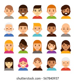 Set of diverse male and female avatars, simple flat cartoon style. Cute and minimalistic people faces, vector illustration.