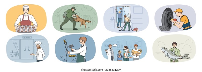 Set of diverse male occupations and professions. Collection of man employee at work, job workplace. Dog trainer and mechanic. Pastry chef and waiter. Vet doctor and fisherman. Vector illustration. 