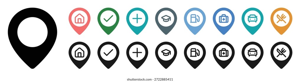 A set of diverse map pin icons in vibrant colors and black and white. Each pin features a unique symbol representing home, check, plus, graduation, gas, medical, car, and food for location marking. This vector illustration is perfect for navigation apps and travel websites.