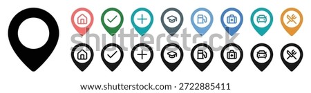 A set of diverse map pin icons in vibrant colors and black and white. Each pin features a unique symbol representing home, check, plus, graduation, gas, medical, car, and food for location marking. This vector illustration is perfect for navigation apps and travel websites.