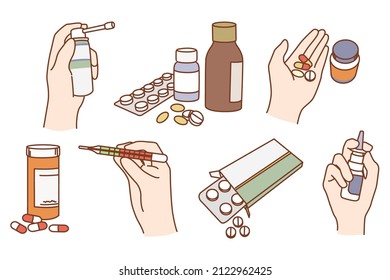 Set of diverse medications to relieve illness symptoms. Collection of pills and drugs, syrup and spray for sick or ill patient. Medicine and healthcare concept. Flat vector illustration. 