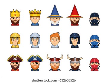 Set of diverse medieval fantasy characters emoticons. Avatar of king, prince, wizard, ninja, knight, pirate, viking. Simple vector illustration