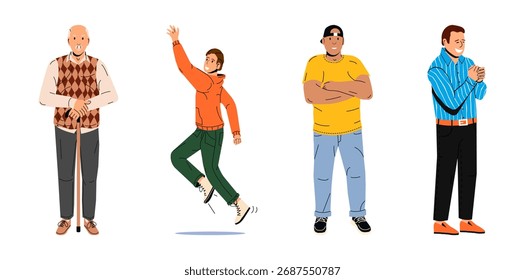 Set of diverse men of different ages and ethnicities in various poses. People group collection showing generation and community concept.
