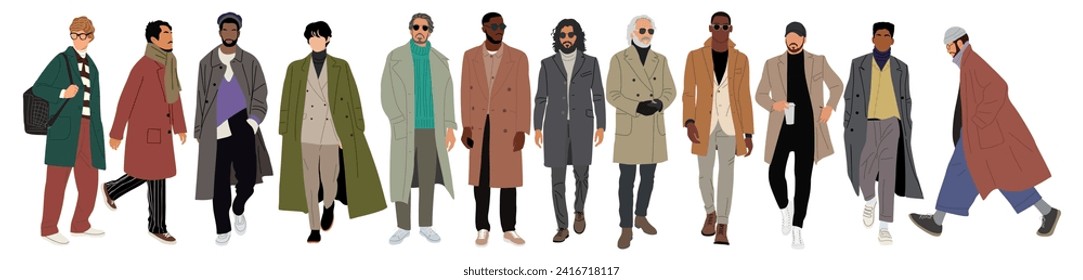 Set of diverse men wearing coats vector isolated.