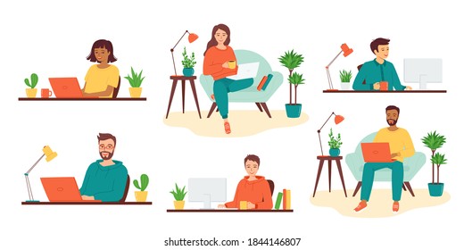 Set of diverse men and women of different nationalities with a laptop, computer. Concept of remote work, e-learning, distance education, freelance, programming, courses, retraining.Vector illustration