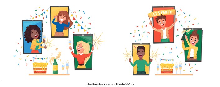 Set of diverse men and women at their home celebrating virtual birthday, bachelorette or stag party via video call during covid19 quarantine. Online party concept. Vector flat cartoon illustration