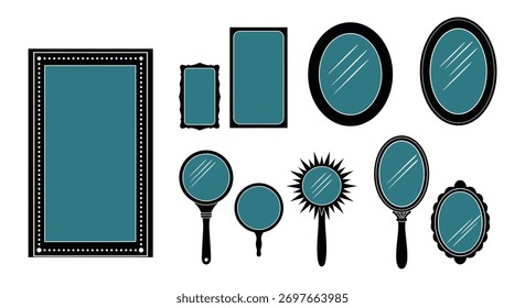 Eine Reihe verschiedener Spiegelformen, einschließlich rechteckiger, ovaler und runder Designs. Diese Kollektion umfasst Handspiegel, dekorative Rahmen und Vintage-Stile für verschiedene Zwecke.