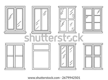 Set of diverse modern and classic window frames in line art style, illustrating architectural elements for home and building design.