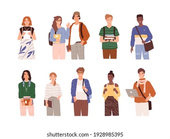 Set Of Diverse Modern Students With Bags, Books And Laptop. Portraits Of Smiling People Studying In College Or University. Flat Vector Illustration Of Young Men And Women Isolated On White Background