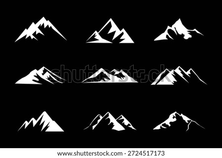 Set of diverse mountain peak icons and landscape silhouettes . Mountains icon vector set. Hike, travel illustration sign collection . eps10