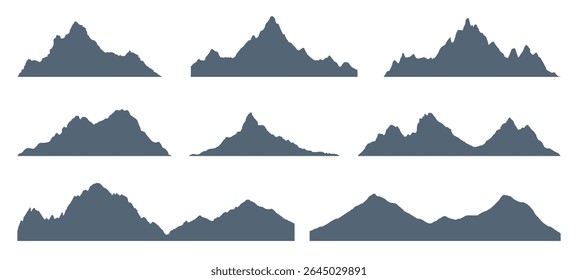 Set of diverse mountain silhouettes. Nature landscape background for banner, web design, or outdoor adventure poster. Hiking trip concept.