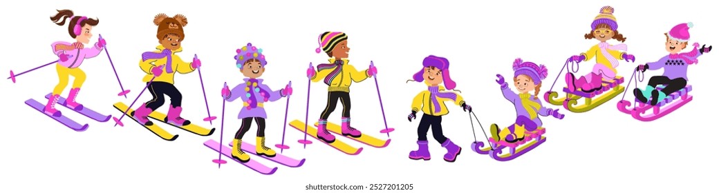 Set of diverse multiethnic boys and girls with ski and sled. Cute cartoon children in bright winter clothes. Set of happy kids ready for outdoor activity. Vector flat illustration.