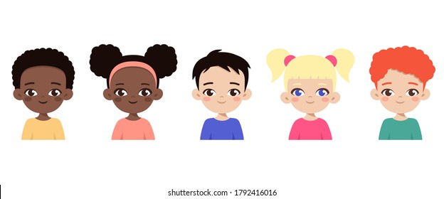 Set of diverse multiethnic children avatars. Happy different boys and girls. Cartoon portraits of kids. Vector illustration isolated on white background