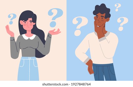 Set of a diverse multiracial man and woman making choices or decisions, standing deep in thought surrounded by question marks, flat cartoon colored vector illustration