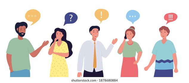 Set of diverse multiracial people characters with speech bubbles. Sharing impressions, talking to friends, colleagues. Emotional conversation with partners. Flat cartoon vector illustrations