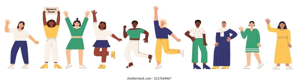 Set of diverse multiracial women in different poses. Flat vector illustration isolated on white background.