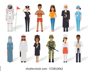 Set of diverse occupation profession people avatars. Flat design people characters.