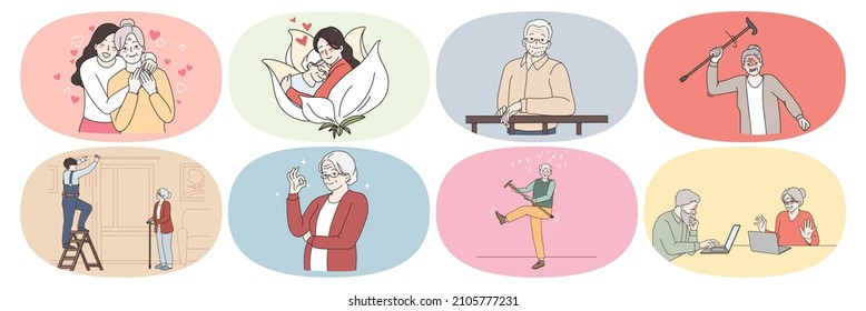 Set of diverse old grandparents with relatives or caregiver enjoy good happy maturity life. Bundle of senior people use computer or enjoy active days. Geriatrics and elderly. Vector illustration. 