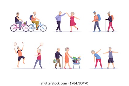 Set Of Diverse Old People Activity. Happy Elderly Man And Woman Healthy Active Lifestyle Retiree For Grandparents. Dancing, Biking, Hiking, Tennis, Shopping, Doing Fitness Couple Sport Tourist Vector