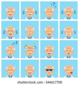 Set Of Diverse Old Professor Emoticons. Professor Avatars Showing Different Facial Expressions. Happy, Sad, Smile, Laugh, Cry, Surprised, Dizzy, Sleeping And Other Emotions. Simple Vector Illustration