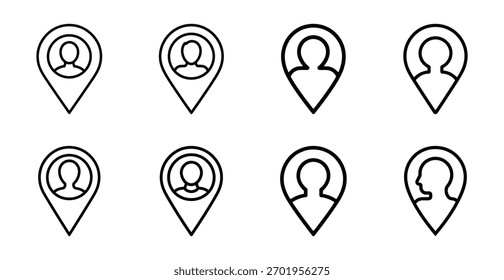 Conjunto de diversos iconos de pin de ubicación de usuario de contorno, ideal para aplicaciones de Web y móviles. Ilustra los perfiles de las personas, el seguimiento y la navegación en los mapas.