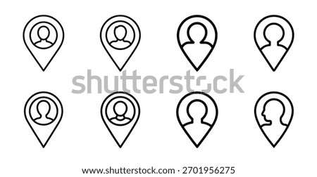Set of diverse outline user location pin icons, ideal for web and mobile applications. Illustrates people's profiles, tracking, and navigation on maps.