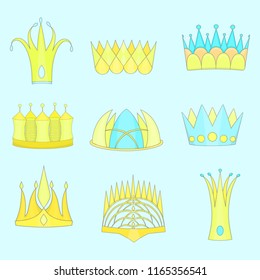Set with Diverse Outlined Fantasy Flat Crowns. Jewelry Symbol of Queen, Princess and Kings. Vector EPS 10 Illustration.