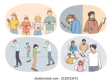 Set of diverse people addicted to cellphones text and message on gadgets. Collection of diverse humans use smartphones scroll browse social media. Device addiction. Vector illustration. 
