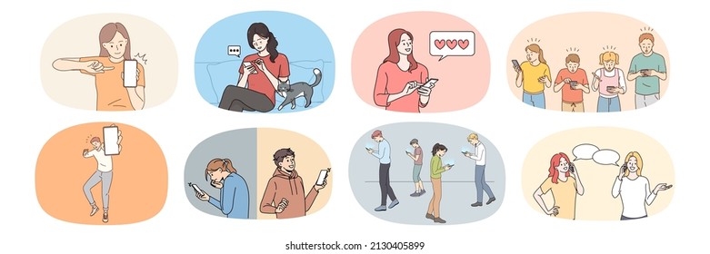 Set of diverse people addicted to new technologies using smartphones. Collection of person cellphone and social media addiction. Concept of mobile phone overuse. Vector illustration. 