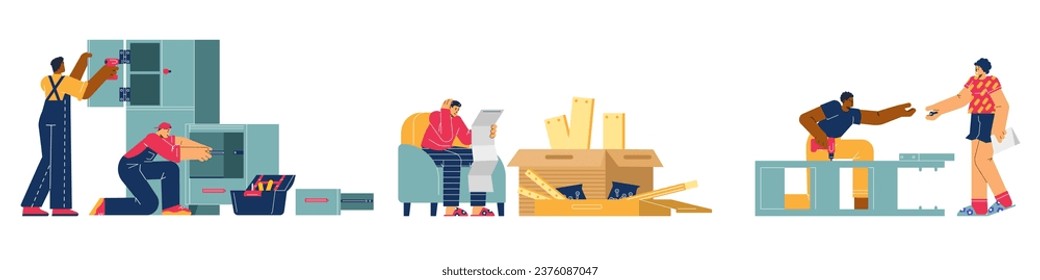 Conjunto de personas diversas ensamblando muebles, ilustración plana vectorial aislada en fondo blanco. Carpinteros profesionales montando armario, instrucción de lectura de hombre frustrado.