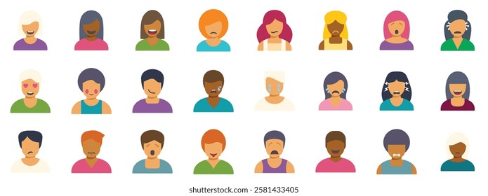 Set of diverse people avatar showing different facial expressions and emotions, representing various feelings and moods