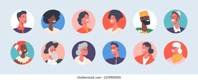 Set of Diverse People Avatars Different Religion or Ethnicity. Isolated Round Icons of Male and Female Characters Portraits. Asian, African, Jewish, European Men and Women. Cartoon Vector Illustration