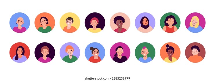 Set of diverse people avatars. Head portraits of happy young men and women in colorful circles. Smiling faces of different male and female characters. Vector illustration