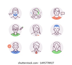 Set of Diverse People Avatars Icons. Man and Woman Characters portraits, Male and Female Faces for Profile Pictures. Professional Business Persons Collection. Flat Line Vector Illustration.