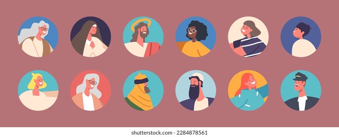 Set Of Diverse People Avatars, Isolated Round Icons Of Senior And Young, Saint Mary, Jesus Christ And Magi