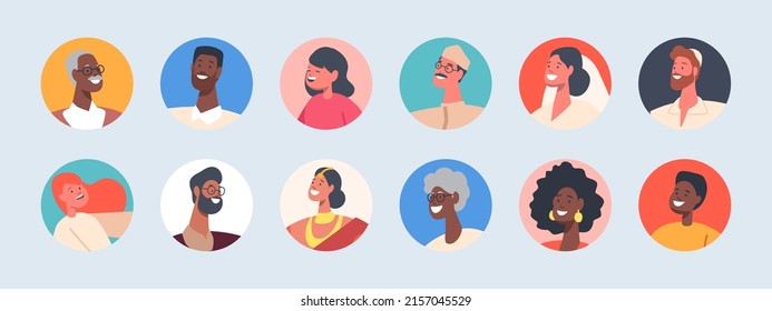 Set of Diverse People Avatars, Round Icons. Male and Female Characters African, Indian, Jewish, Muslim or Caucasian Men, Women, Girls or Boys Kids Isolated Portraits. Cartoon Vector Illustration