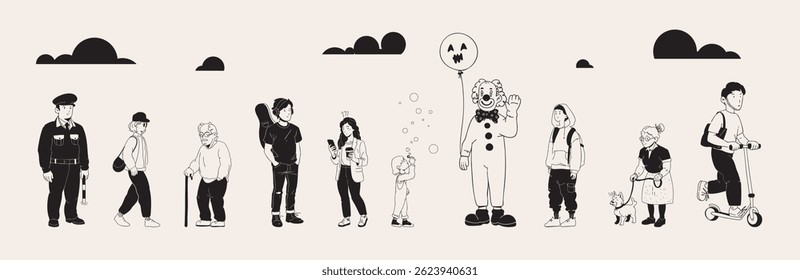 Set of Diverse People in Black and White Minimalist Style. Trendy vector illustration.