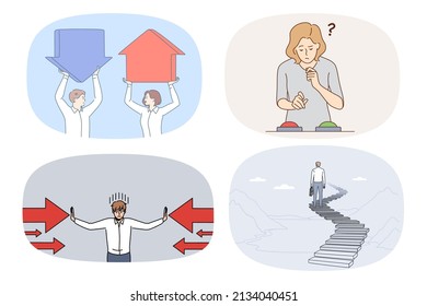 Set of diverse people brainstorm make decision. Collection of businesspeople feel frustrated confused deciding or solving business problem or finding solution. Flat vector illustration. 