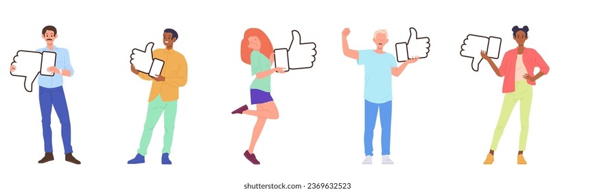 Set of diverse people cartoon customer character giving review rating holding thumbs up and down