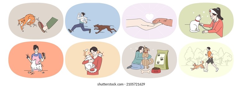 Set of diverse people with cats and dogs enjoy life with domestic animals. Collection of men and women take care of pets. Grooming and vet service concept. Flat vector illustration. 